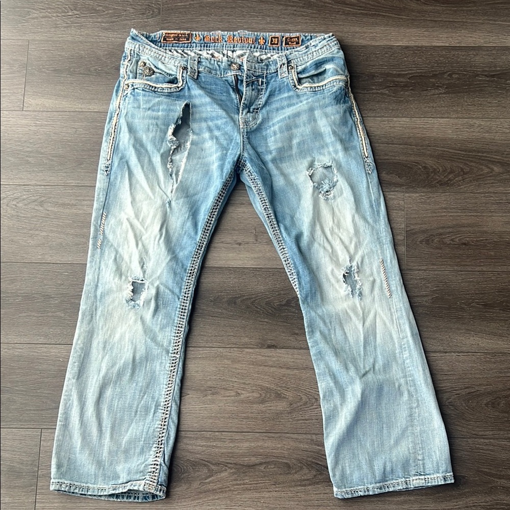 Rock Revival Light Blue Distressed Destructed Denim Jeans Ocean Boot bootcut 38